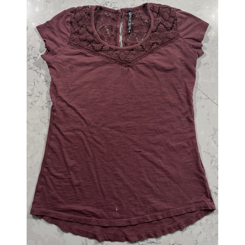 KUHL Lace‎ Yoke Top Womens Small Plum Burgundy Short Sleeve Organic Cotton Boho